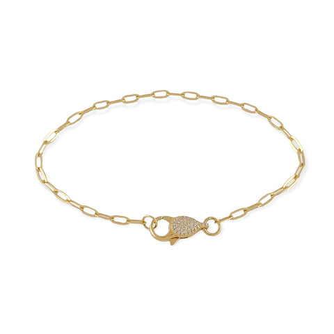 0.08ct Diamonds Lobster Clasp Charm in 14K Gold Flat Cable Chain Bracelet 6.85"