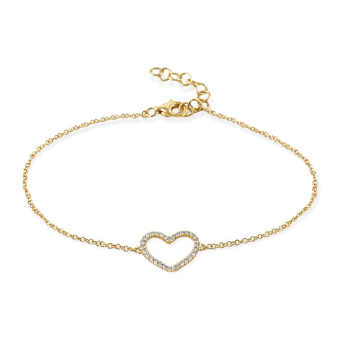 0.09ct Diamond in 14K Gold Hollow Heart Charm Bracelet 7"