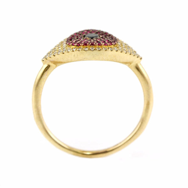 0.41tcw Pavé Diamond & Ruby in 14K Yellow Gold Evil Eye Statement Ring