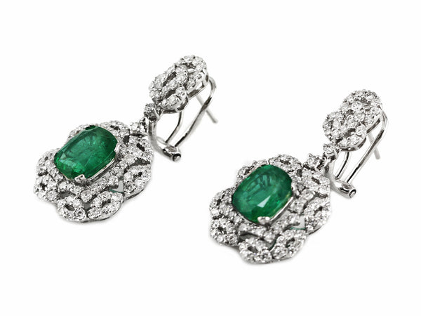 5.02ct Cushion Zambian Emerald with Diamonds in 18K White Gold Dangle Earrings