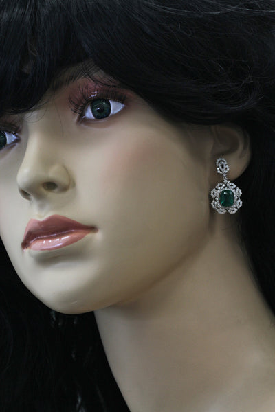 5.02ct Cushion Zambian Emerald with Diamonds in 18K White Gold Dangle Earrings