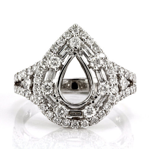1.21ct Round & Baguette Side Diamonds in 18K White Pear Shape Halo Semi Mount Ring