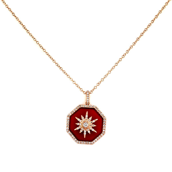 2.06tcw Octagon Red Agate & Round Diamonds 14K Gold Charm Necklace