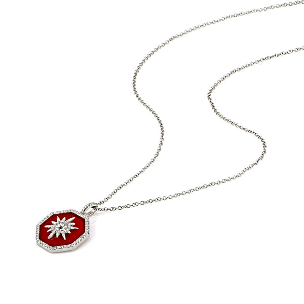 2.06tcw Octagon Red Agate & Round Diamonds 14K Gold Charm Necklace