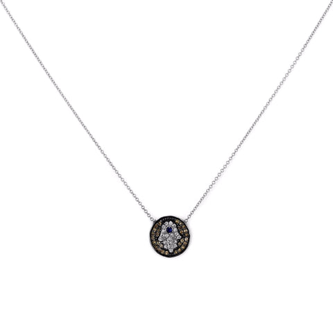 0.21ct Micro Pavé Round Diamonds & Sapphires in 14K Gold Hamsa Hand Charm Necklace