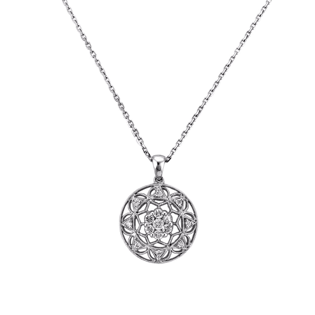 0.60ct Diamonds in 14K White Gold Floral Kaleidoscope Milgrain Pendant Necklace 16"