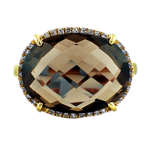8.54tcw Faceted Cabochon Smoky Quartz & Diamonds in 14K Gold Cocktail Ring