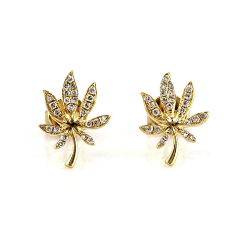 0.13ct Round Pavé Diamonds in 14K Gold Cannabis Leaf Stud Earrings