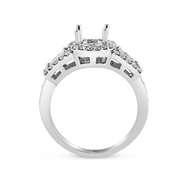 0.73ct Pavé Side Diamonds in 14K White Gold Semi-Mount 3Stone Halo Ring