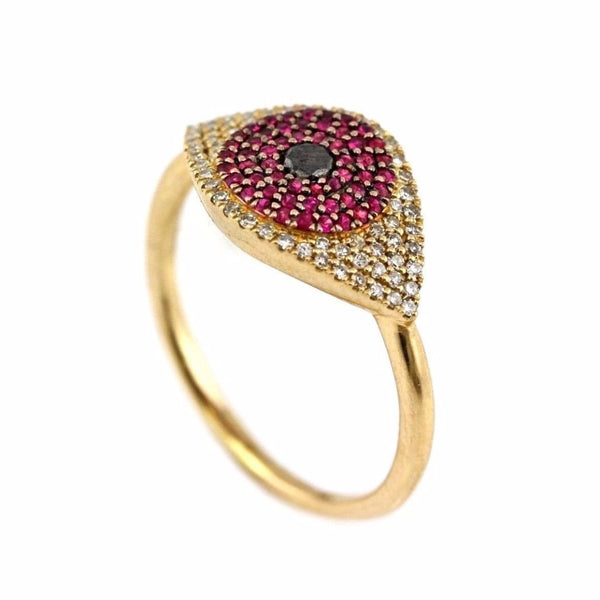 0.41tcw Pavé Diamond & Ruby in 14K Yellow Gold Evil Eye Statement Ring