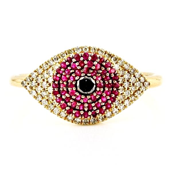0.41tcw Pavé Diamond & Ruby in 14K Yellow Gold Evil Eye Statement Ring