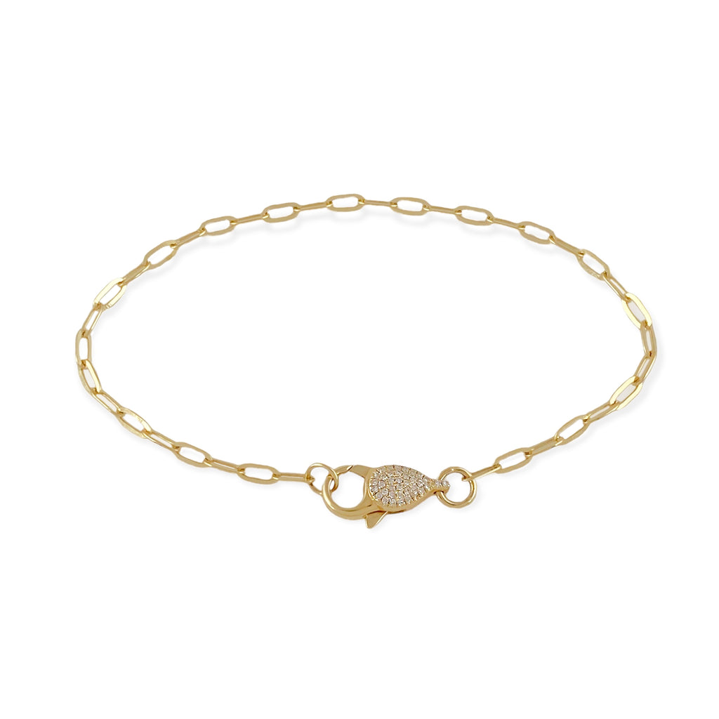 0.08ct Diamonds Lobster Clasp Charm in 14K Gold Flat Cable Chain Bracelet 6.85"