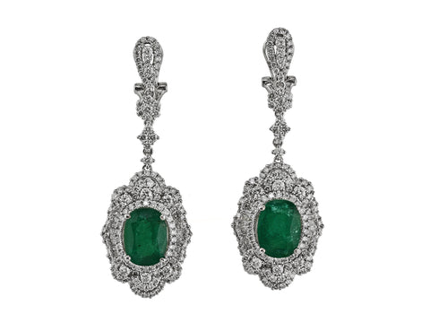 7.88ct Oval Zambian Emerald with Diamonds in 18K White Gold Dangle Earrings
