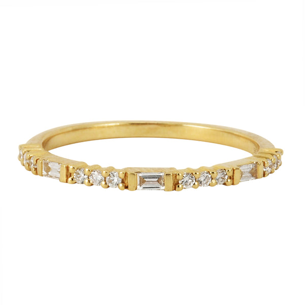 0.18ct Round & Baguette Diamonds in 14K Gold Skinny Stackable Band Ring