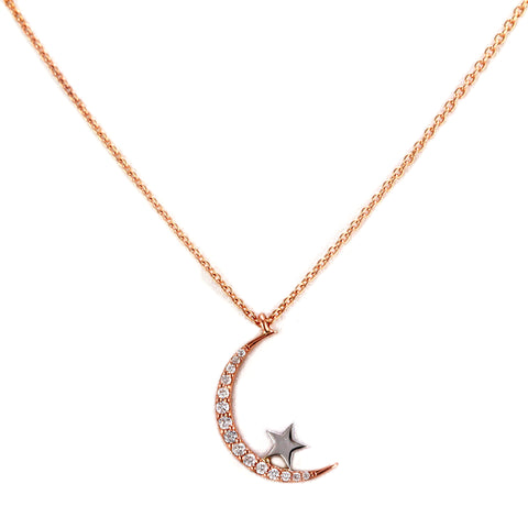 0.13ct Round Diamonds in  14K Gold Crescent Moon & Star Charm Necklace