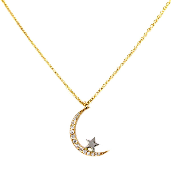 0.13ct Round Diamonds in  14K Gold Crescent Moon & Star Charm Necklace