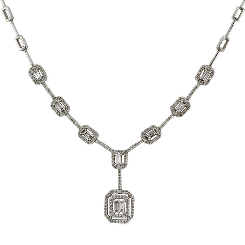 1.00tcw Baguette & Round Diamonds in 14K White Gold Emerald Shape Pendant Necklace 17"