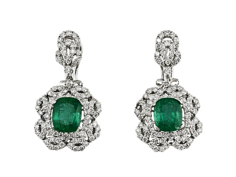 5.02ct Cushion Zambian Emerald with Diamonds in 18K White Gold Dangle Earrings