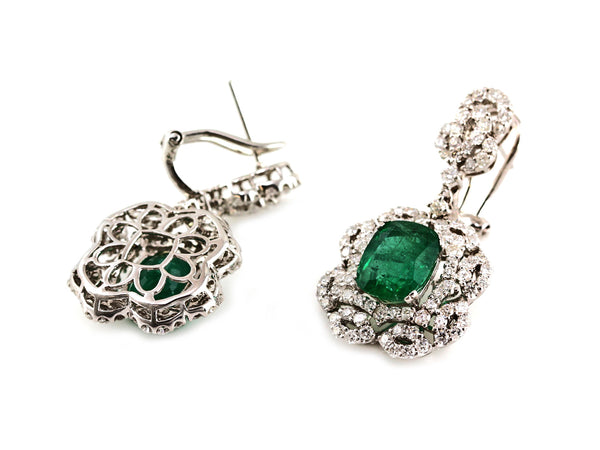 5.02ct Cushion Zambian Emerald with Diamonds in 18K White Gold Dangle Earrings
