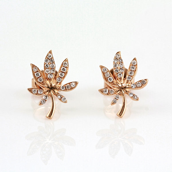 0.13ct Round Pavé Diamonds in 14K Gold Cannabis Leaf Stud Earrings