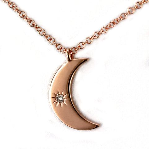 0.02ct Round Diamonds in 14K Gold Crescent Moon Sun Burst Inlay Pendant Necklace
