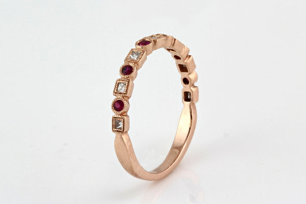 0.27tcw Diamond & Ruby 14K Rose Gold Milgrain Half Eternity Band Ring