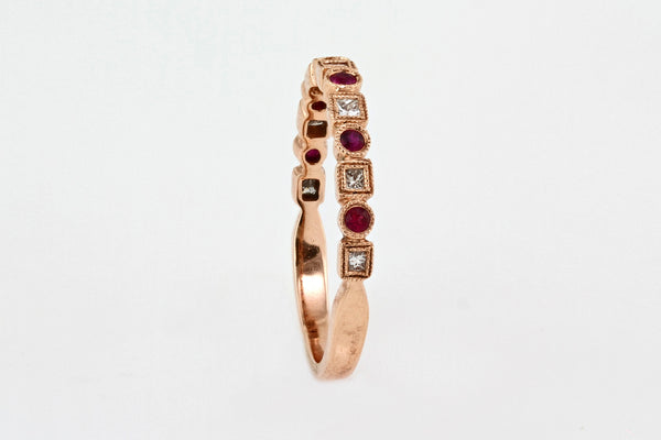 0.27tcw Diamond & Ruby 14K Rose Gold Milgrain Half Eternity Band Ring