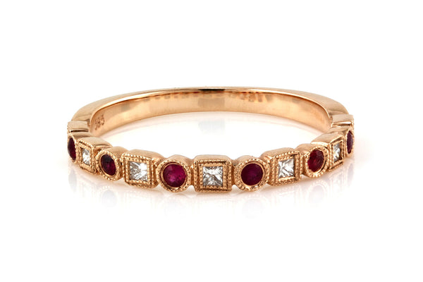 0.27tcw Diamond & Ruby 14K Rose Gold Milgrain Half Eternity Band Ring