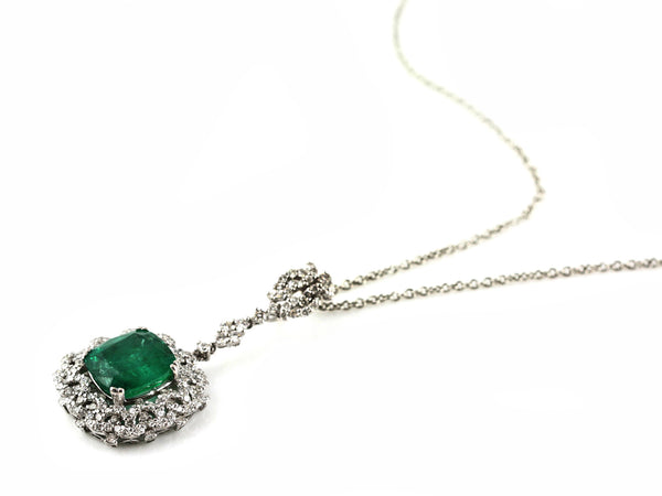 3.92ct Pear Shape Zambian Emerald with Diamonds 18K White Gold  Dangle Necklace