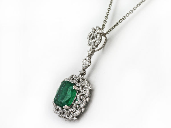 3.92ct Pear Shape Zambian Emerald with Diamonds 18K White Gold  Dangle Necklace
