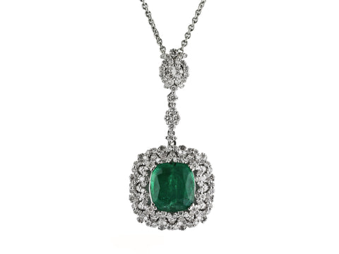 3.92ct Pear Shape Zambian Emerald with Diamonds 18K White Gold  Dangle Necklace