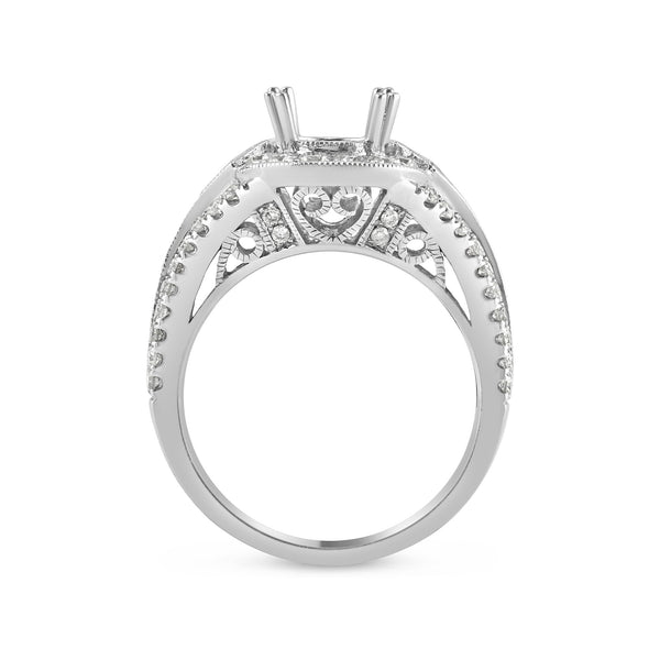 0.87ct Pavé Side Diamonds in 14K White Gold Semi-Mount Filigree Halo Ring