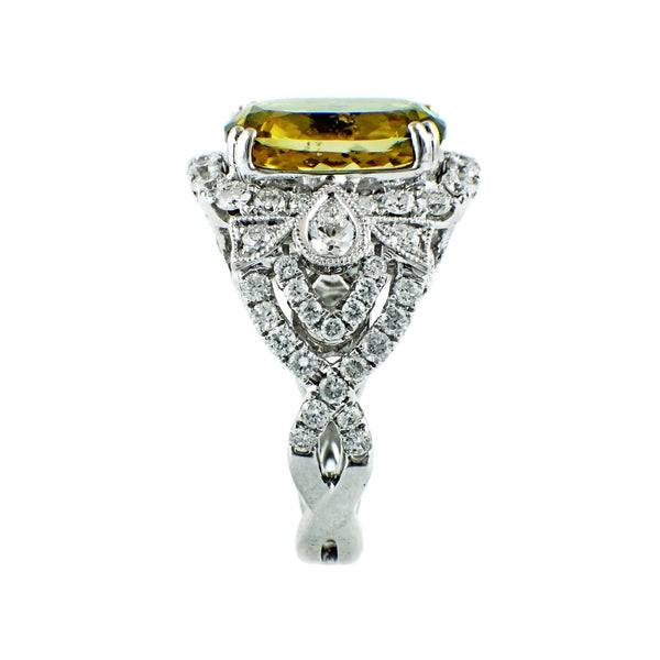 6.61tcw Cushion Cut  Golden Beryl & Diamonds in 14K White Gold Cocktail Anniversary Ring