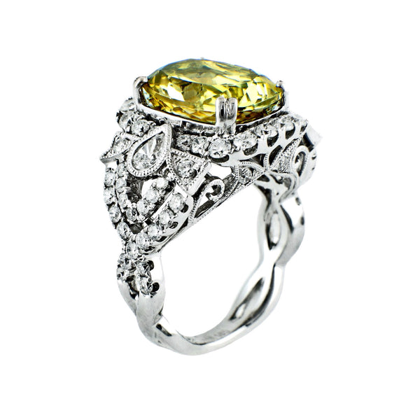 6.61tcw Cushion Cut  Golden Beryl & Diamonds in 14K White Gold Cocktail Anniversary Ring