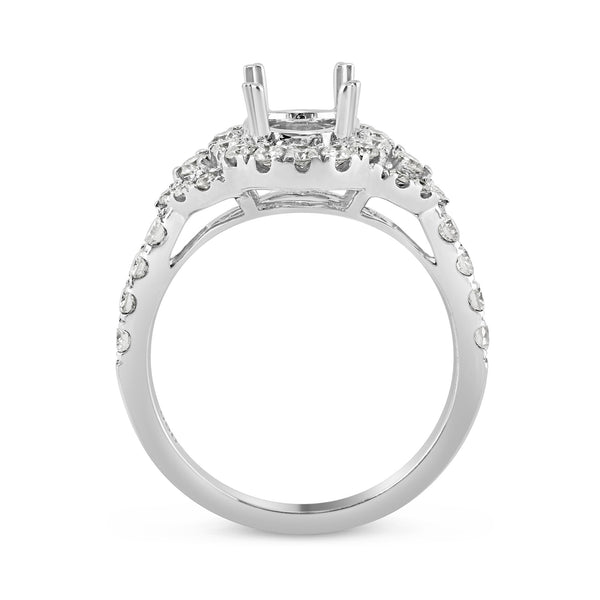 0.72ct Pavé Side Diamonds in 14K White Gold Semi-Mount 3Stone Halo Ring