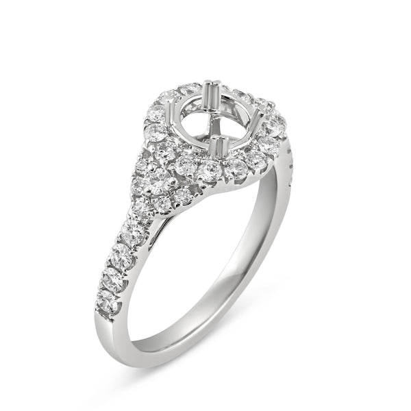 0.72ct Pavé Side Diamonds in 14K White Gold Semi-Mount 3Stone Halo Ring