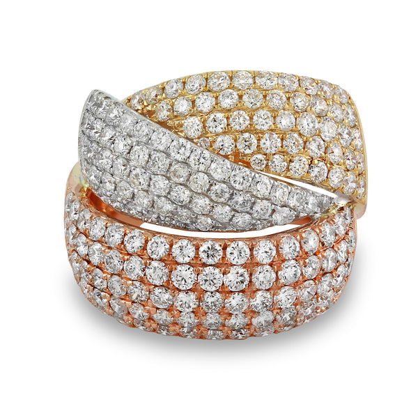 3.27ct Pavé Round Diamonds in 14K TriColor Gold Overlapping Dome Ring