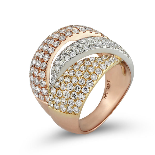 3.27ct Pavé Round Diamonds in 14K TriColor Gold Overlapping Dome Ring