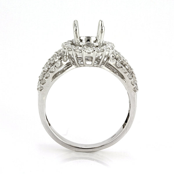 1.55ct Round & Baguette Side Diamonds in 18K White Gold Halo Semi Mount Ring
