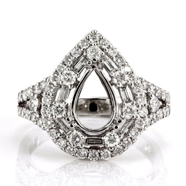 1.21ct Round & Baguette Side Diamonds in 18K White Pear Shape Halo Semi Mount Ring