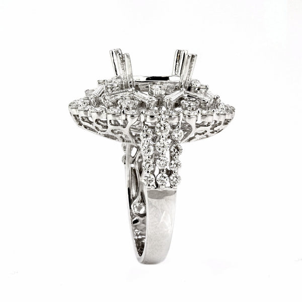2.30ct Round & Baguette Side Diamonds in 14K White Gold Oval Star Halo Semi Mount Ring