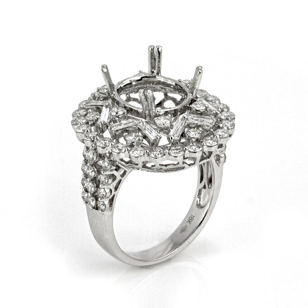 2.30ct Round & Baguette Side Diamonds in 14K White Gold Oval Star Halo Semi Mount Ring