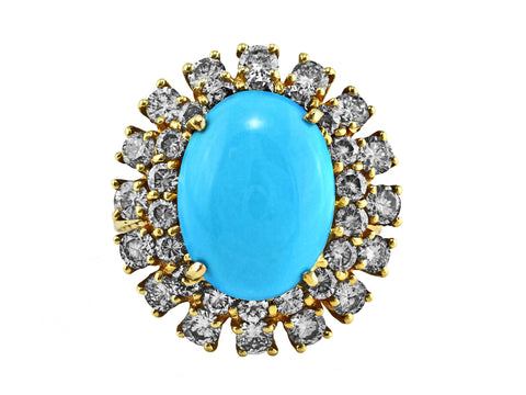 7.22ct Oval Cabochon Turquoise with Diamonds in 14K Gold Cocktail Ring