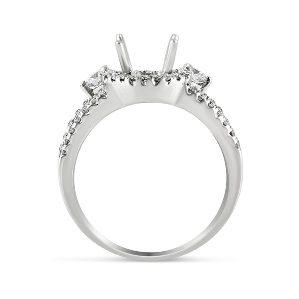 0.60ct Pavé Side Diamonds in 14K White Gold Semi-Mount 3Stone Halo Ring