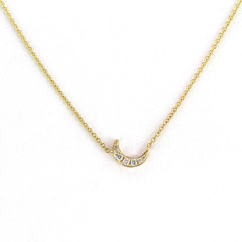 0.08ct Pavé Round Diamonds in 14K Gold Slanting Mini Crescent Moon Pendant Necklace