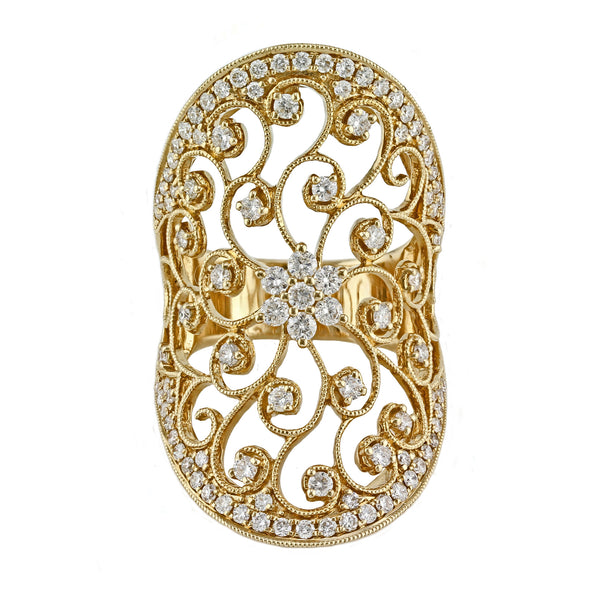 1.35ct Round Diamonds in 14K Gold Filigree Victorian Design Ring
