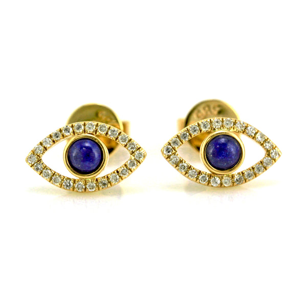 0.29ct Round Diamond & Lapis Lazuli 14K Gold Mini Eye Charm Stud Earrings