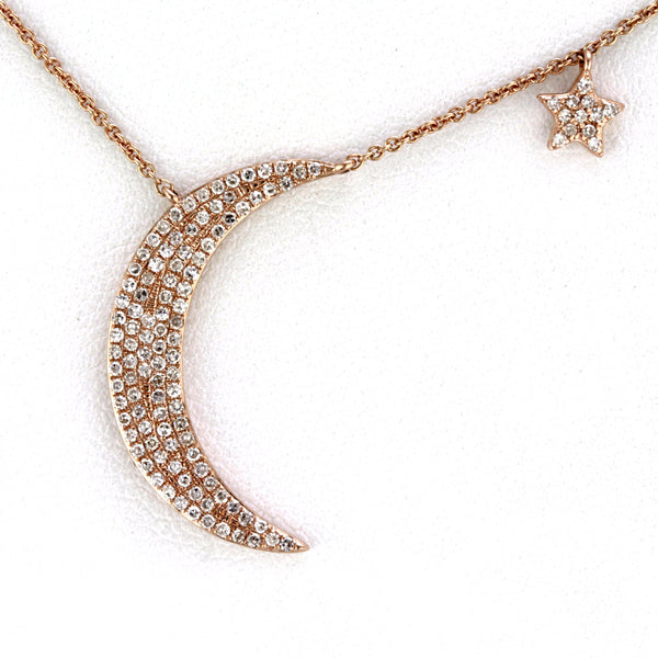 0.33ct Pavé Round Diamonds in 14K Gold Crescent Moon & Star Charm Necklace