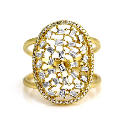 0.77ct Baguette & Round Floating Diamonds in 14K Gold Oval Cocktail Ring