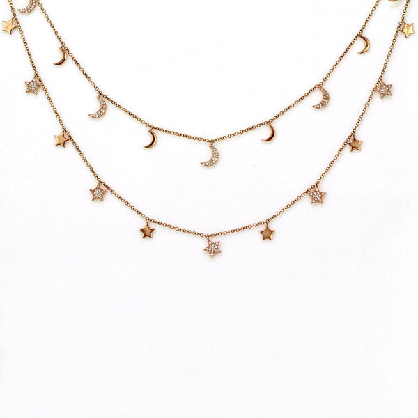 0.80ct Micro Pavé Diamonds in 14K Gold Star & Crescent Moon Charm Opera Necklace 32"